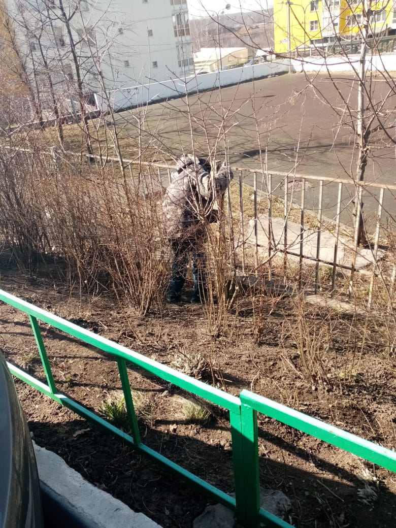 В рамках работ по благоустройству территории выполняется уборка сухих листьев и травы по адресу: г. Видное, Битцевский проезд, д.11.